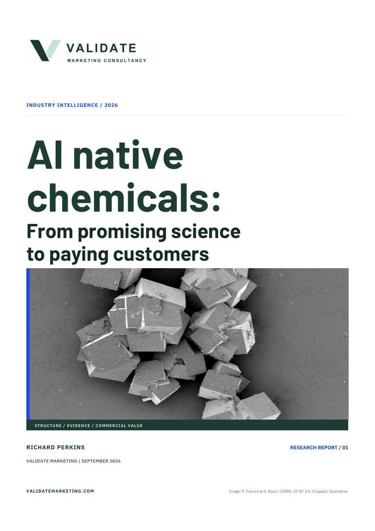 Cover of AI native chemicals: From promising science to paying customers, Validate Marketing research report